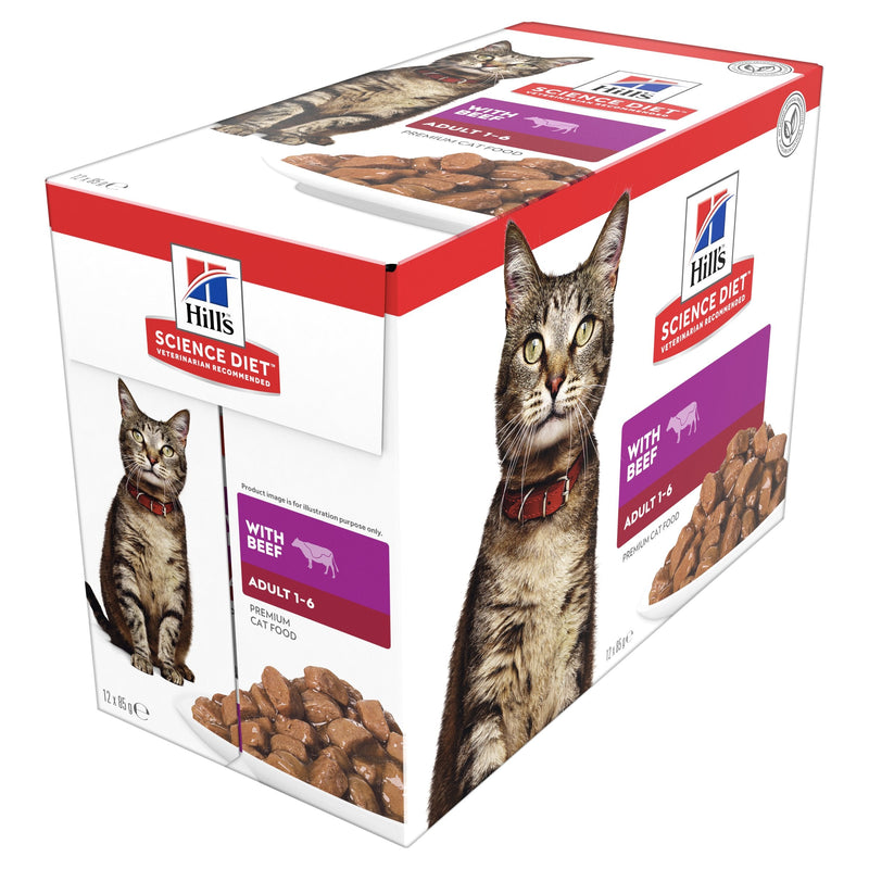 Hills Science Diet Adult Optimal Care Beef Cat Food Pouches 85g x 12^^^