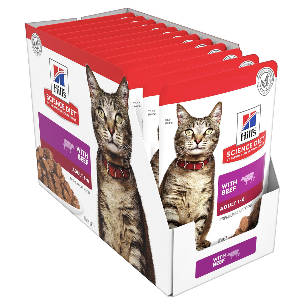 Hills Science Diet Adult Optimal Care Beef Cat Food Pouches 85g x 12-Habitat Pet Supplies