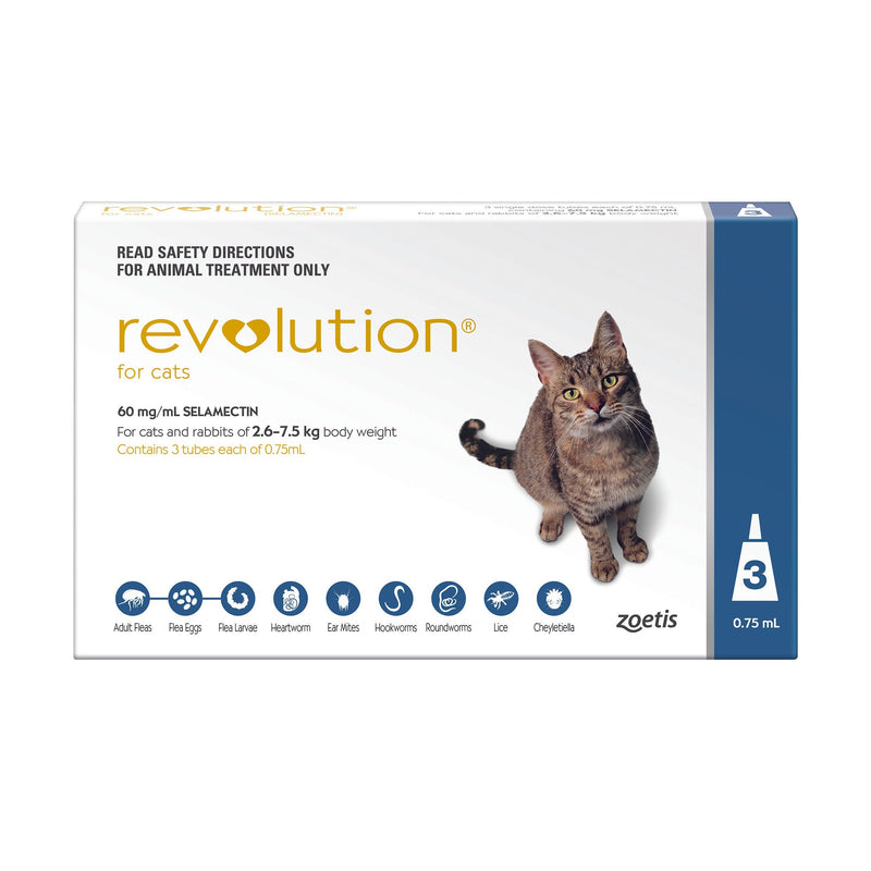 Revolution Flea Heartworm and Worming Treatment for Cats 2.6-7.5kg Blue 3 Pack^^^