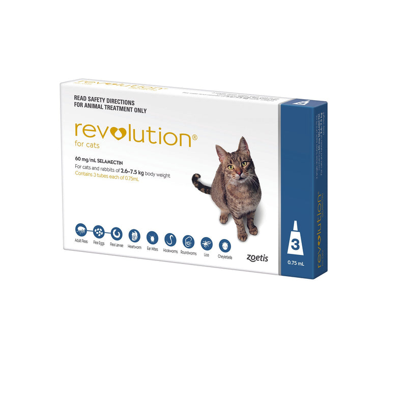 Revolution Flea Heartworm and Worming Treatment for Cats 2.6-7.5kg Blue 3 Pack-Habitat Pet Supplies