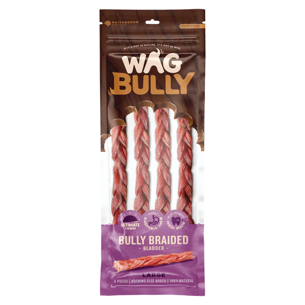 Wag Braided Bully Stick Large 4 Pack-Habitat Pet Supplies